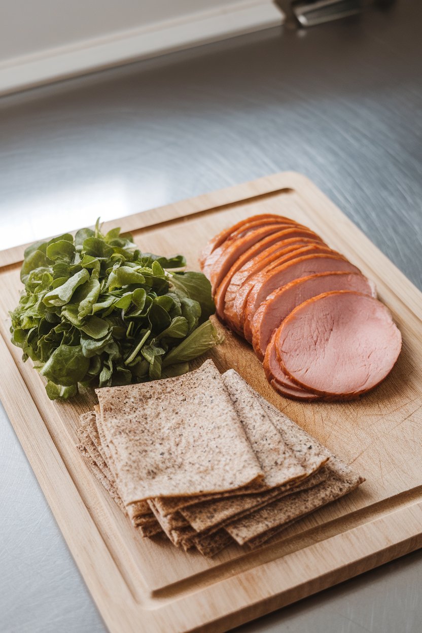Photo — A kitchen cutting board indoors showing sliced turkey breast alongside a small pile of leafy greens and whole-grain wraps. No brand marks or text.