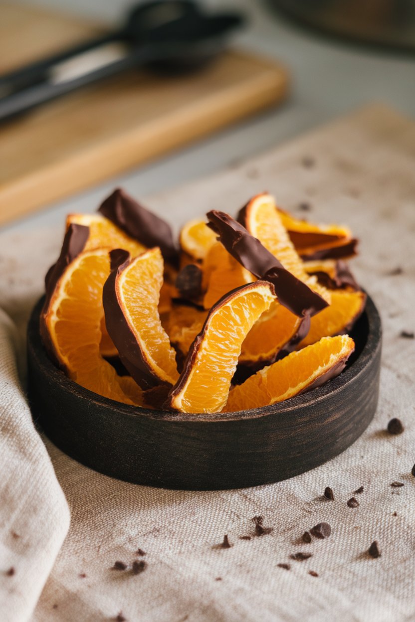 An indoor tray with strips of candied orange peel half-coated in dark chocolate, photo, no logos.