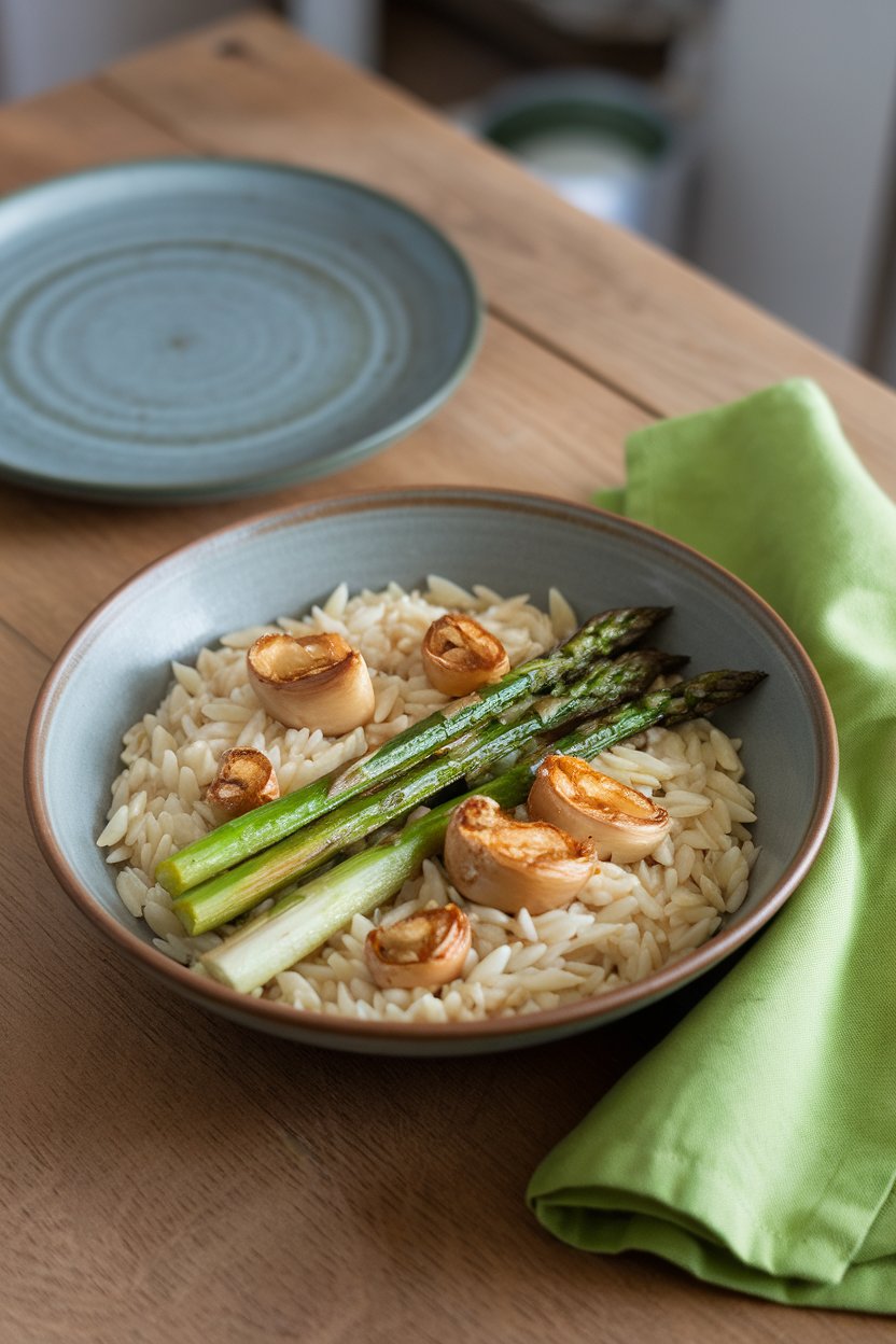 An indoor table with a shallow bowl of orzo, roasted asparagus tips, and golden roasted garlic cloves; no text or logos.