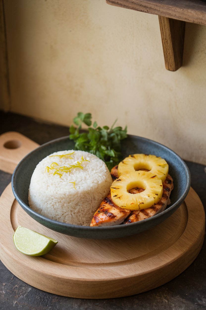 A bowl indoors featuring fragrant white rice speckled with lime zest beside grilled chicken topped with pineapple rings. No text or logos visible.