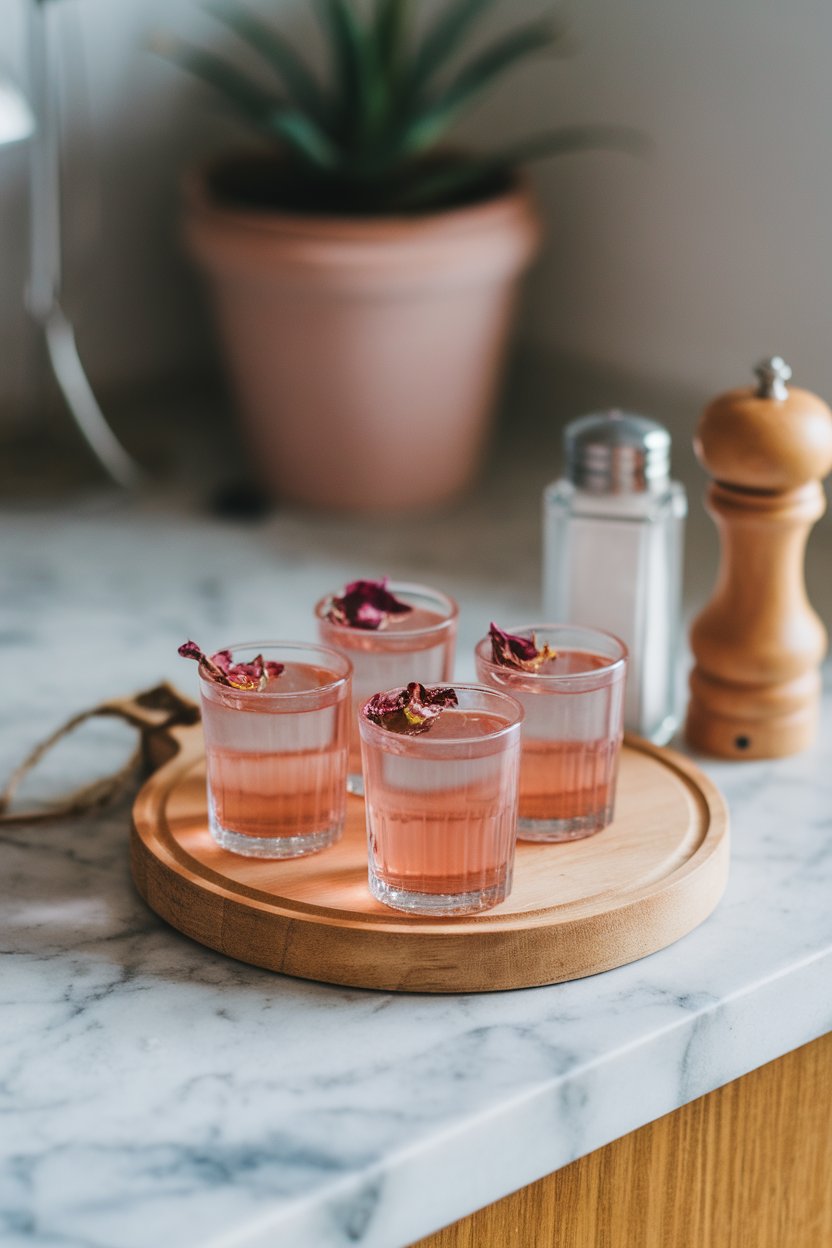 Photo of blush-pink translucent shots with dried rose petal garnish, indoor bar; no text or logos.
