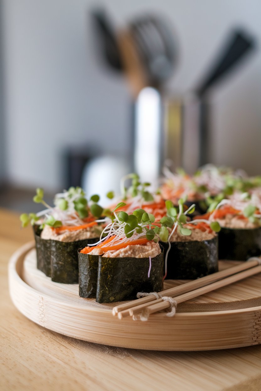 Indoor photo of nori sheets rolled around hummus, julienned veggies, and sprouts, sliced into bite-size pieces on a bamboo board. No text or logos.