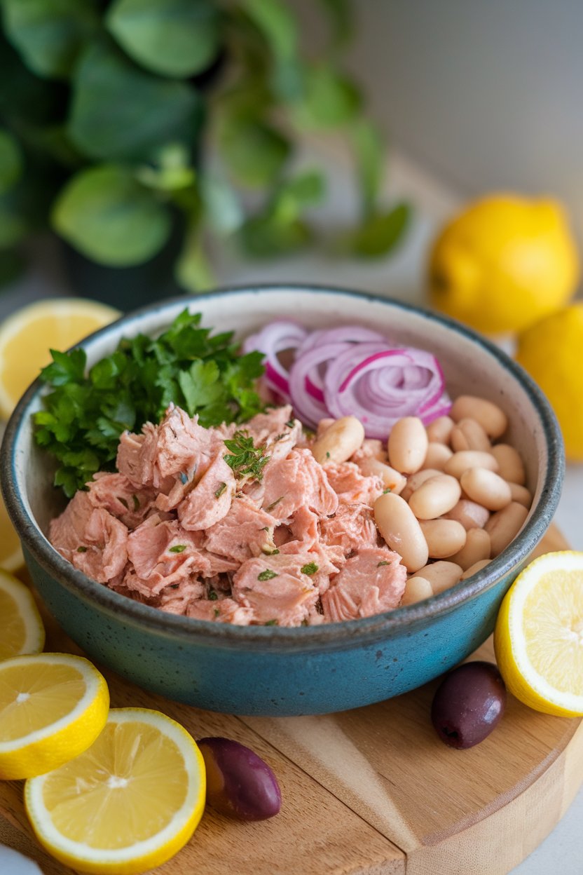 Photo of a ceramic bowl holding canned light tuna, cannellini beans, parsley, and red onion in a lemon dressing indoors; no text or logos present.