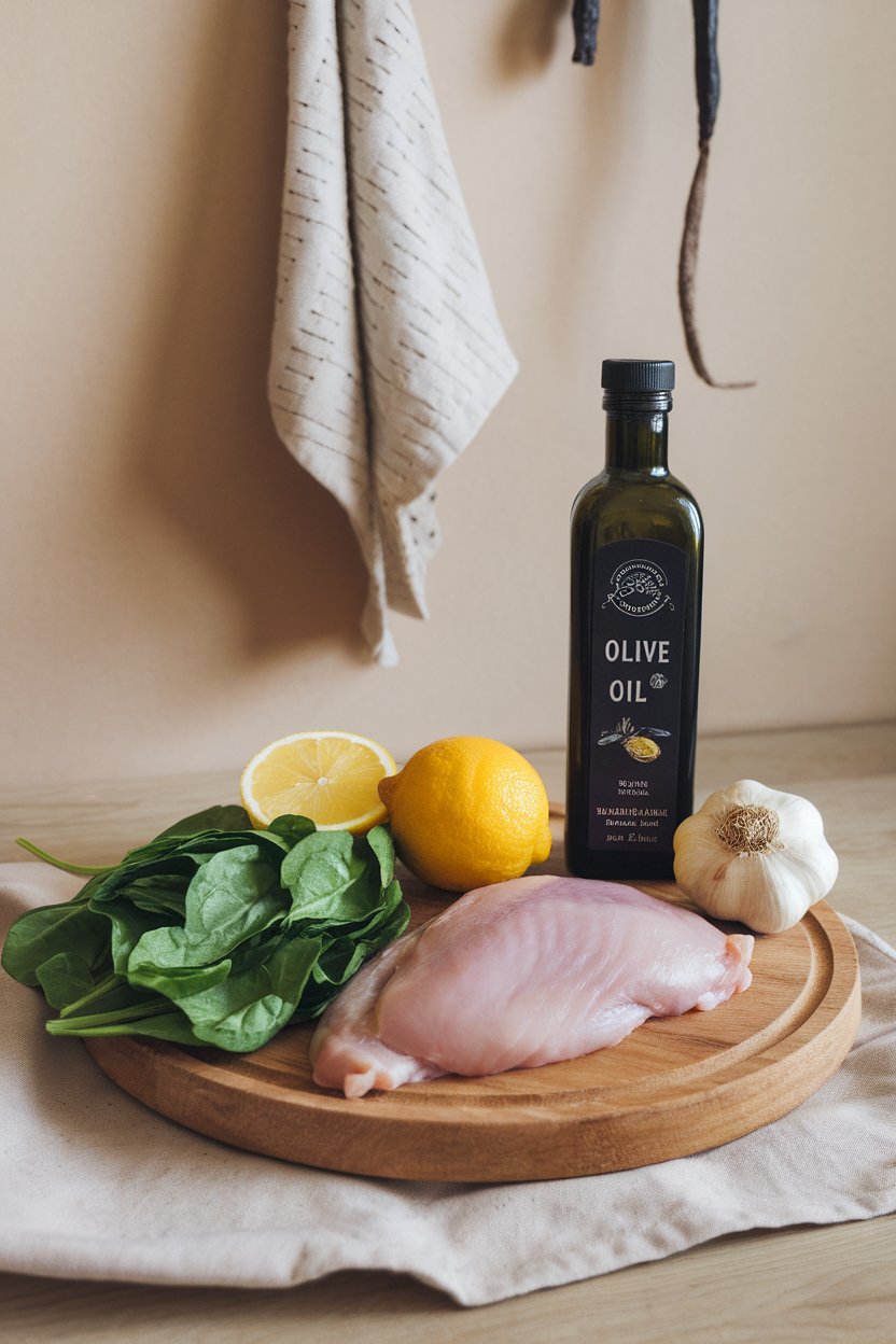 Photo of an indoor wooden board holding five simple ingredients: chicken breast, spinach, lemon, olive oil, and garlic. No text or logos anywhere.
