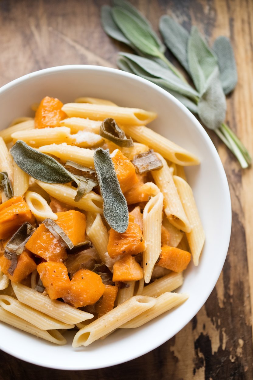 Indoor image of penne pasta tossed with cubes of roasted butternut squash and crisp sage ribbons, light Parmesan dusting. No text or logos.