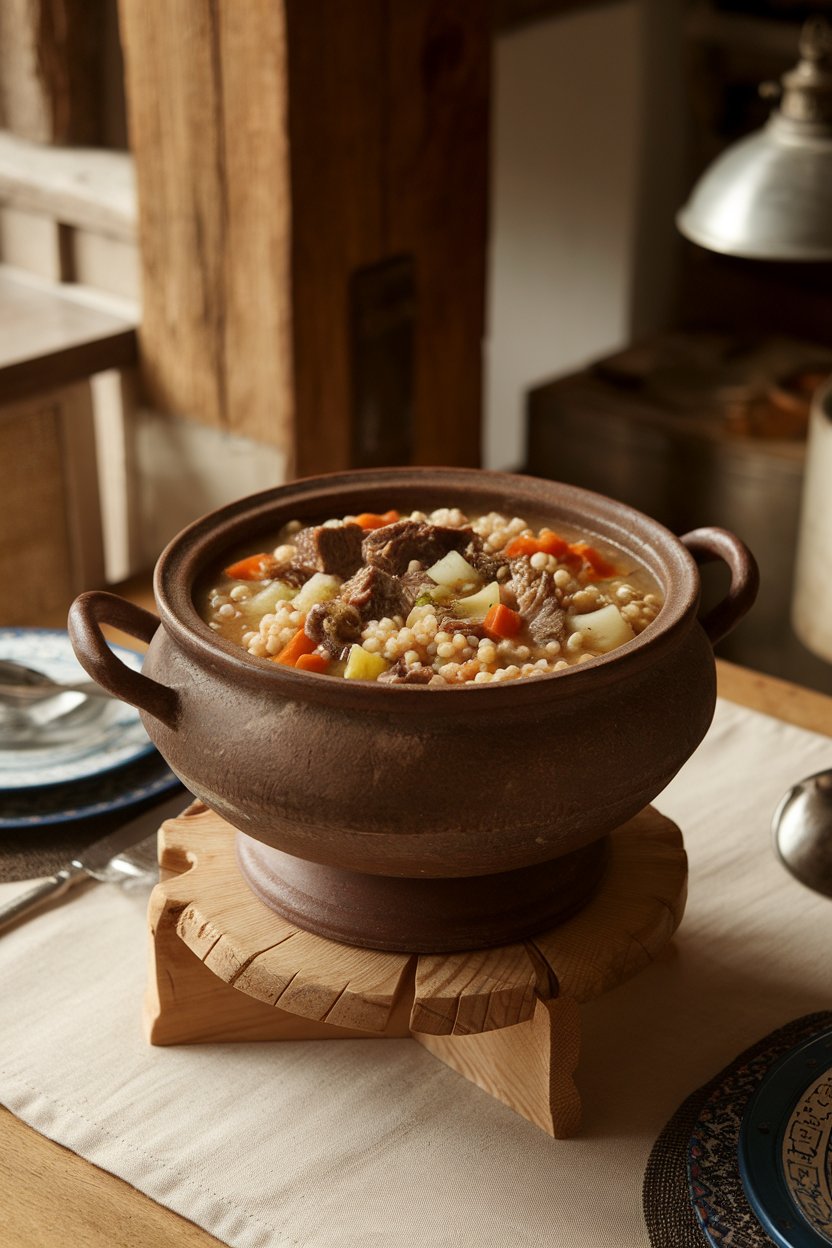 Indoor dining table displaying a rustic soup tureen filled with beef and barley soup, chunks of beef, barley pearls, and diced root vegetables visible. No text or logos. Photo.