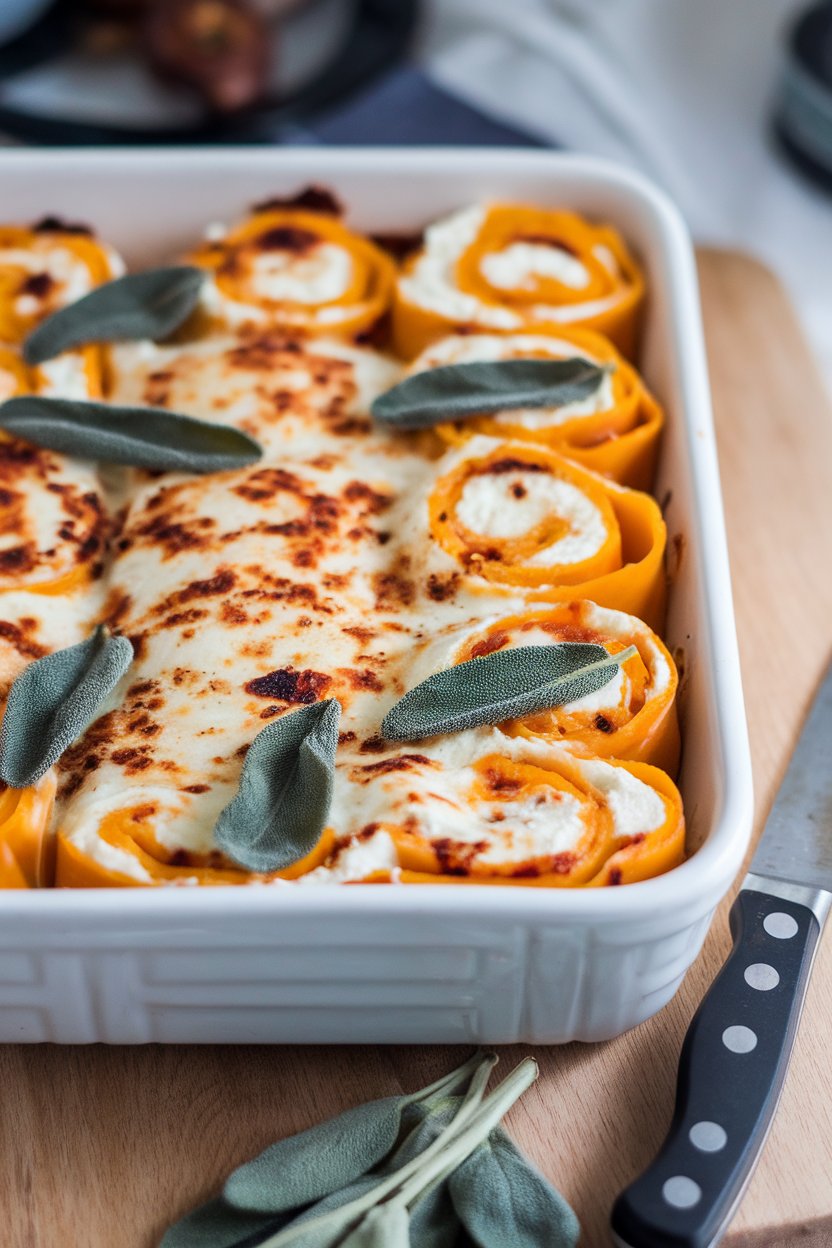 Photo prompt: Indoor baking dish with lasagna noodles rolled around butternut squash purée and ricotta, topped with browned cheese and sage leaves. No text or logos.