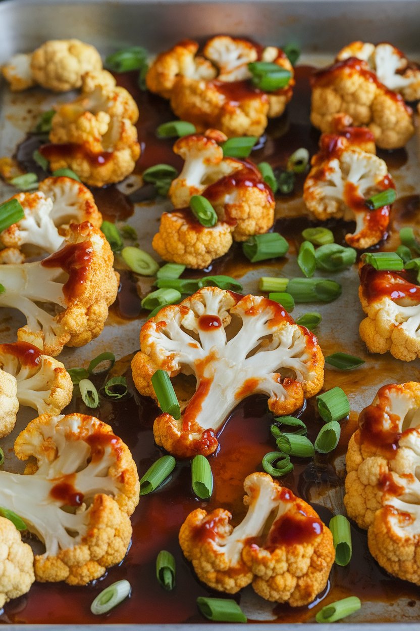 Indoor baking sheet showing thick cauliflower slabs glazed with teriyaki sauce and sprinkled with green onion. No logos or text.