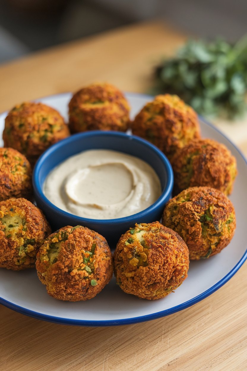 An indoor plate showing crispy air-fried falafel balls arranged around a small bowl of tahini sauce; no text or logos; photo