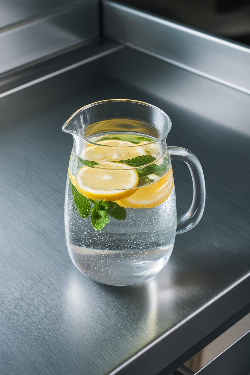 Indoor kitchen counter with a clear glass pitcher of water infused with floating lemon slices and fresh mint, condensation visible. No branding, no text. Photo only.