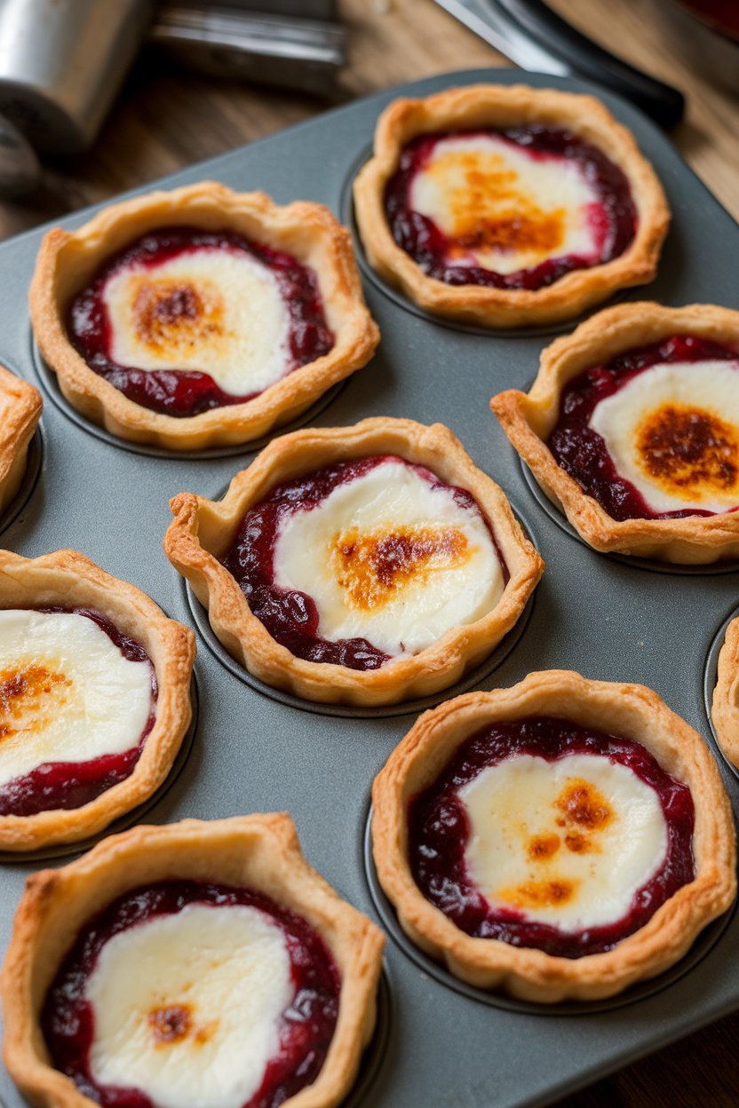 An indoor cupcake pan of puff pastry tartlets filled with melted Brie and cranberry sauce, cheese bubbling, no logos. Photo.