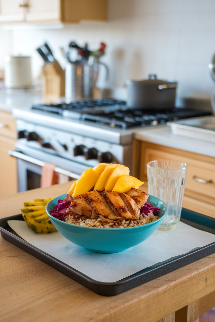 Photo of an indoor kitchen island holding a pineapple-mango chicken bowl with brown rice and shredded red cabbage. No text or logos in sight.