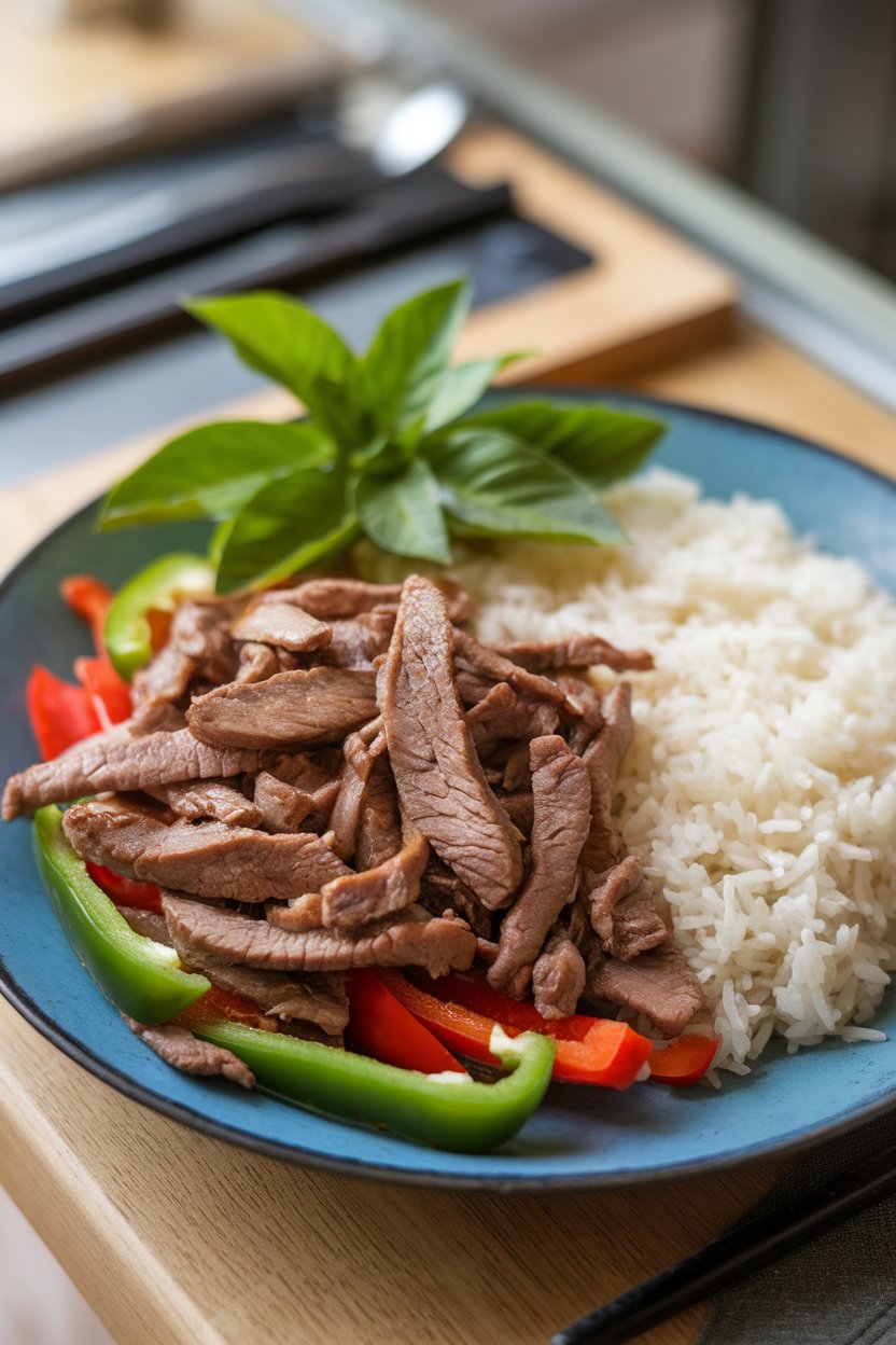 Indoor dinner scene with a plate of cooked thinly sliced beef, bell peppers, and Thai basil served alongside fragrant jasmine rice. Photo, no text or logos visible.