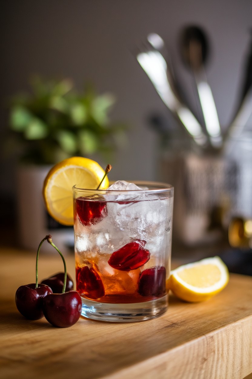 Indoor lowball glass packed with muddled cherries, crushed ice, and dark rye whiskey. No text or logos.