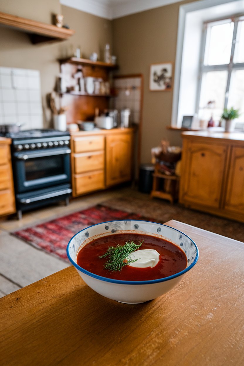 Indoor Eastern European kitchen with a bowl of deep red borscht, dollop of sour cream and dill sprig. No text or logos. Photo.