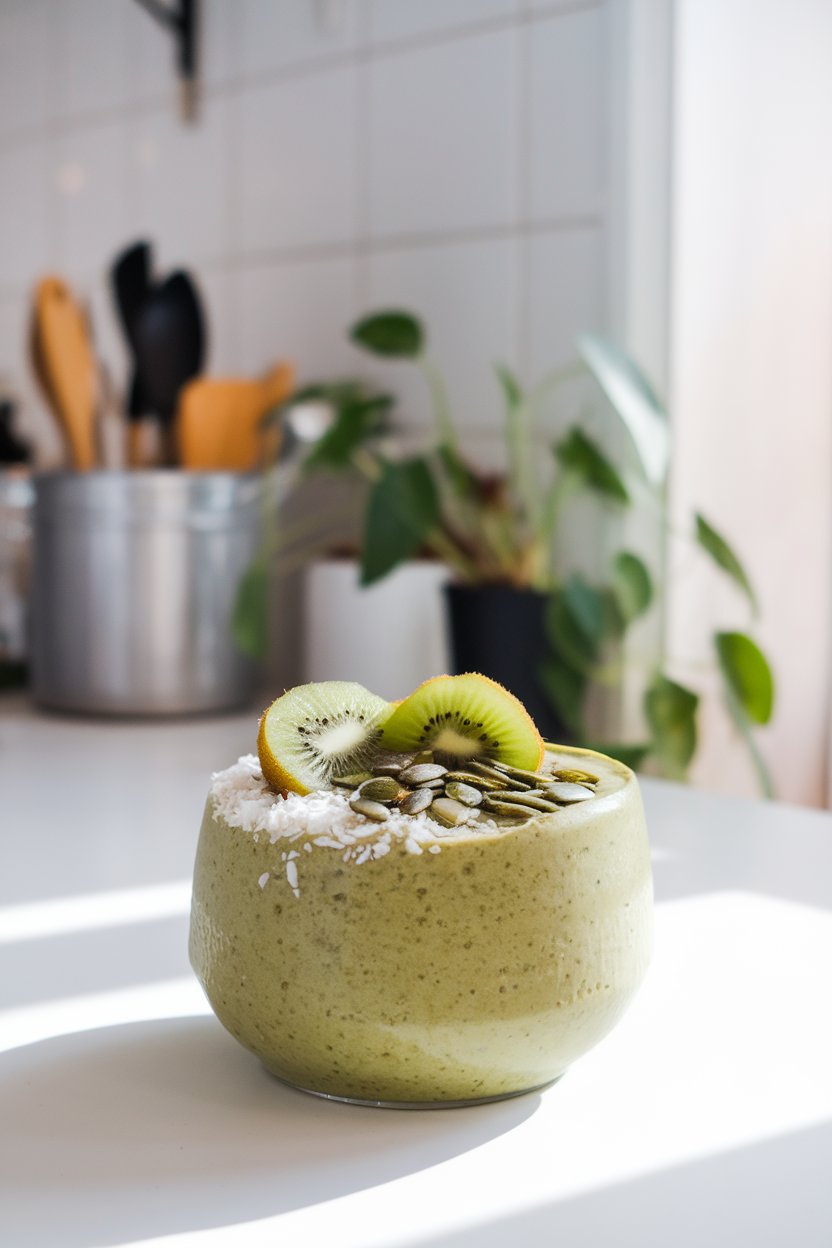 A brightly lit indoor table showing a thick green smoothie bowl topped with kiwi slices, pumpkin seeds, and shredded coconut; photo only, no text or logos.