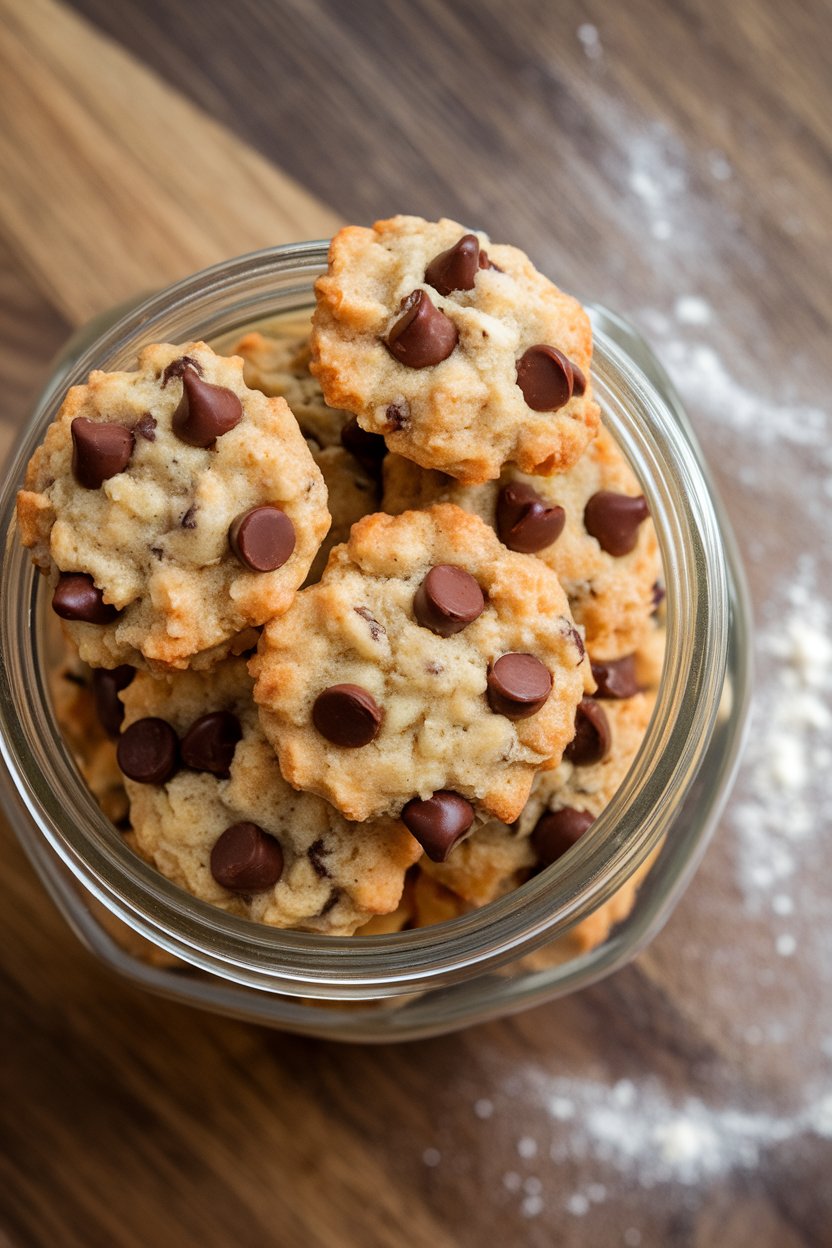 An indoor cookie jar filled with small banana oat cookies dotted with chocolate chips. Photo only; no logos or text.