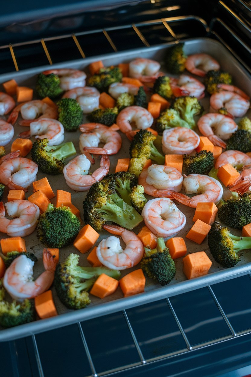 An indoor oven rack view of a sheet pan filled with shrimp, broccoli, and sweet potato cubes; no text or logos. Photo.