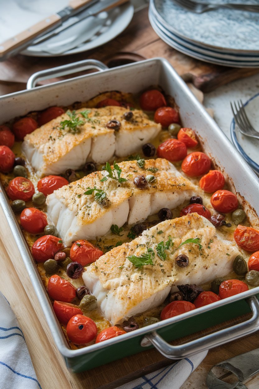 A baking dish indoors with cooked cod fillets nestled in cherry tomatoes, olives, and capers, sprinkled with parsley; no text or logos.