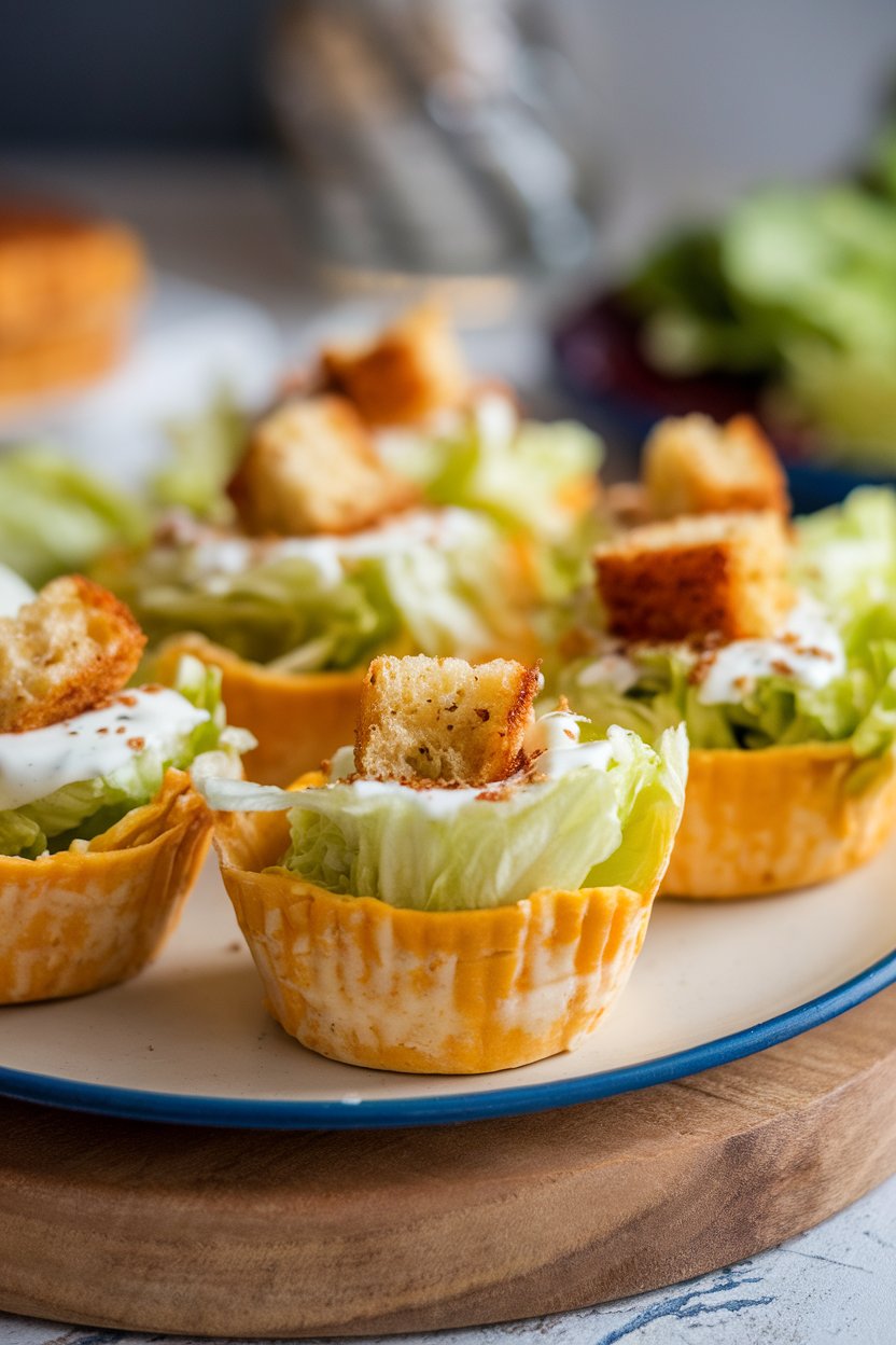 Parmesan cheese cups filled with chopped romaine and Caesar dressing on an indoor plate. No text or logos. Photo.