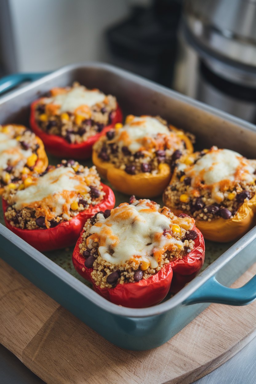 Photo of an indoor baking dish holding roasted bell peppers filled with quinoa, black beans, and corn, melted cheese on top, no text or logos