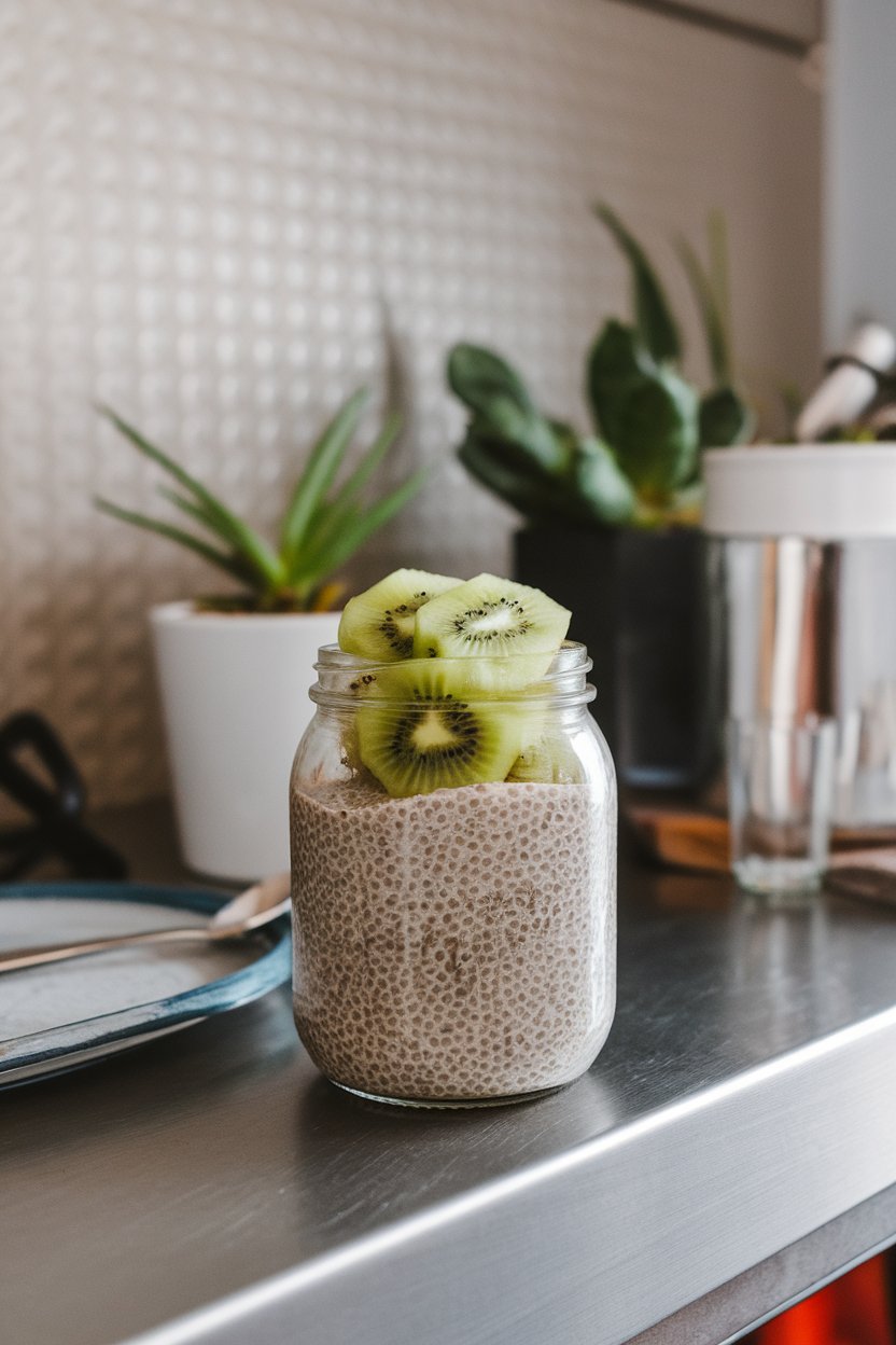 A glass jar on an indoor counter holding thick chia pudding topped with sliced kiwi. No text or logos. Photo, not illustration.