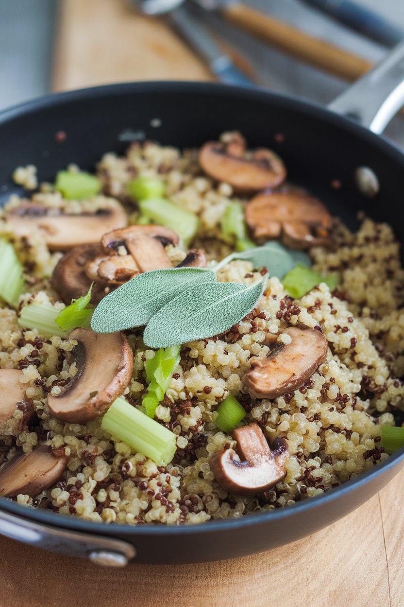 Indoor skillet containing quinoa mixed with sautéed mushrooms, celery, and sage. No text or logos.