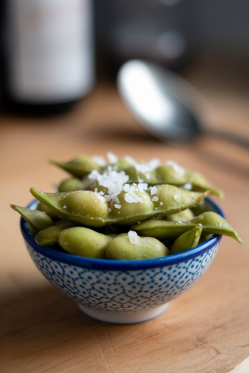 Indoor photo of a small bowl of steamed edamame pods sprinkled with flaky sea salt, close-up shot. No text or logos; photograph.