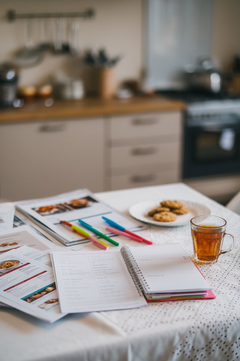 A kitchen table dotted with printed recipes, a planner, colorful pens, and a cup of herbal tea. No text on papers is readable.