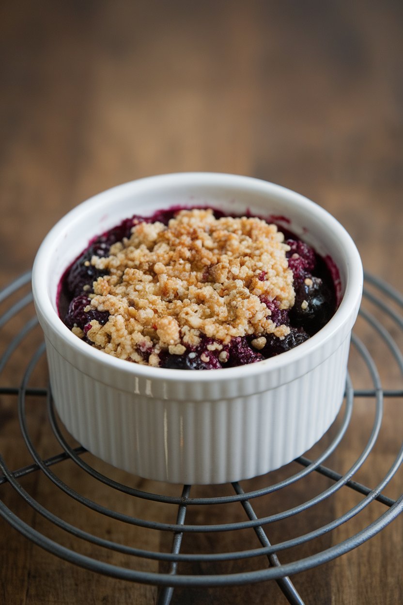 An indoor ramekin bubbling with purple blackberry filling and golden quinoa streusel, placed on a trivet. Photo only, no text or logos.