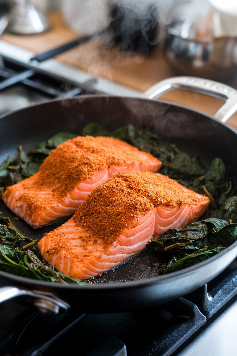An indoor stovetop skillet containing garam-masala-coated salmon fillets resting on a bed of wilted spinach, steam visible. No text or logos present.