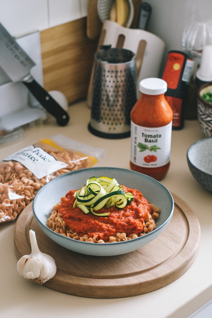 Photo of an indoor kitchen counter displaying a bowl of brown rice pasta topped with tomato basil sauce and sautéed zucchini ribbons. No text or logos present.