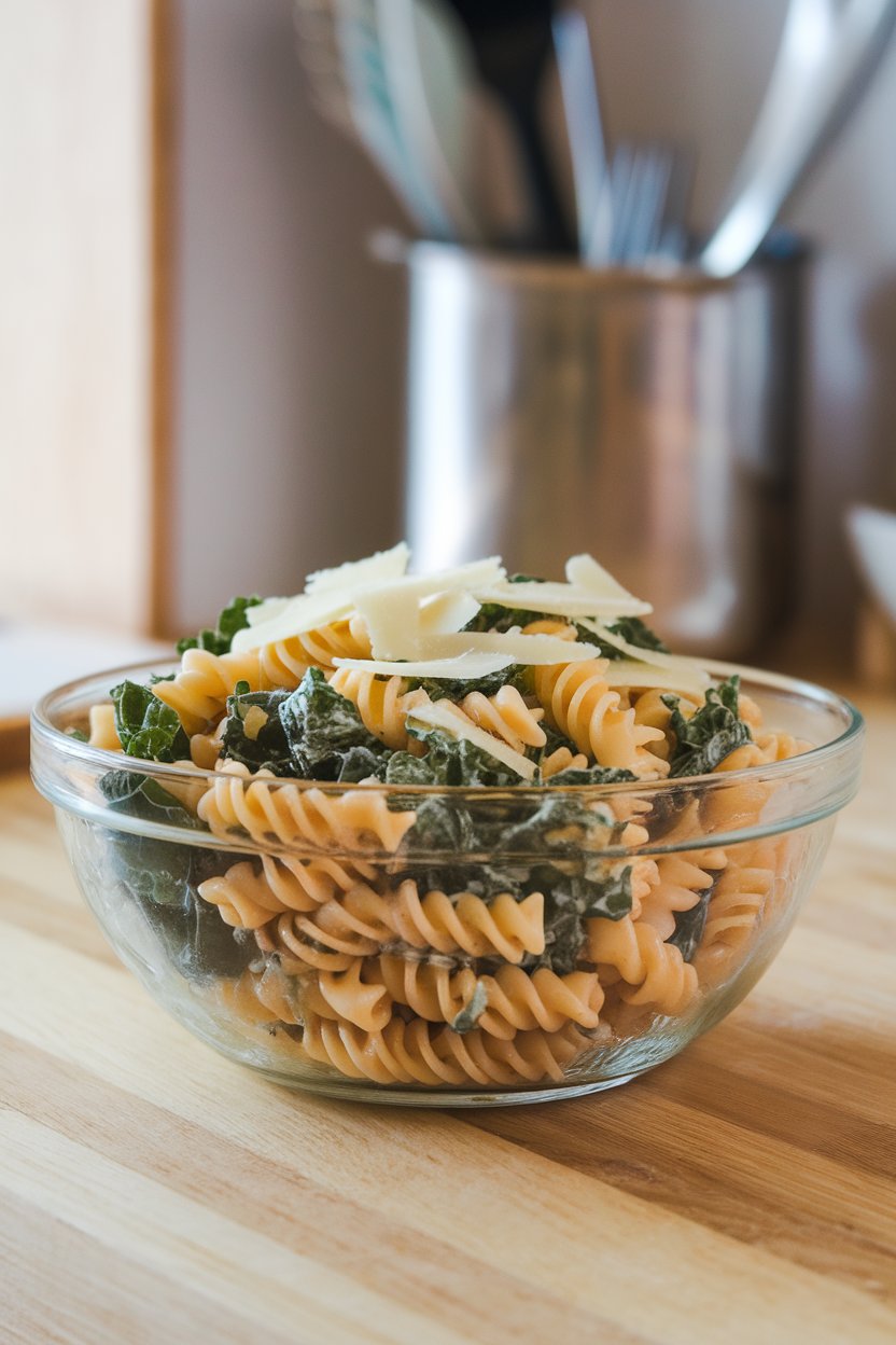 An indoor counter with a glass bowl of rotini coated in yogurt-based Caesar dressing, baby kale, and shaved Parmesan; no text or logos.