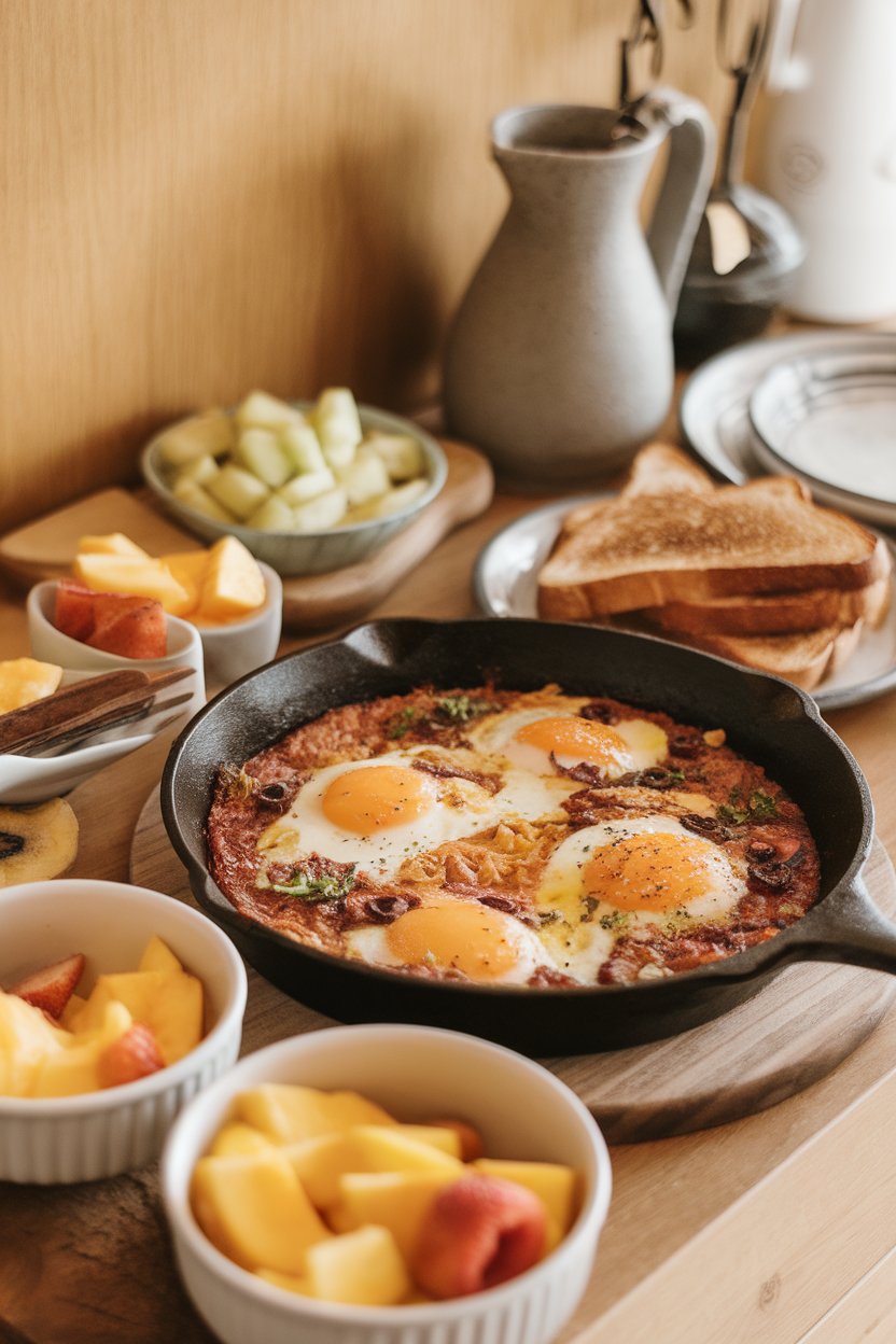 An indoor brunch spread featuring shakshuka in a skillet alongside small bowls of fruit; no text or logos. Photo only.