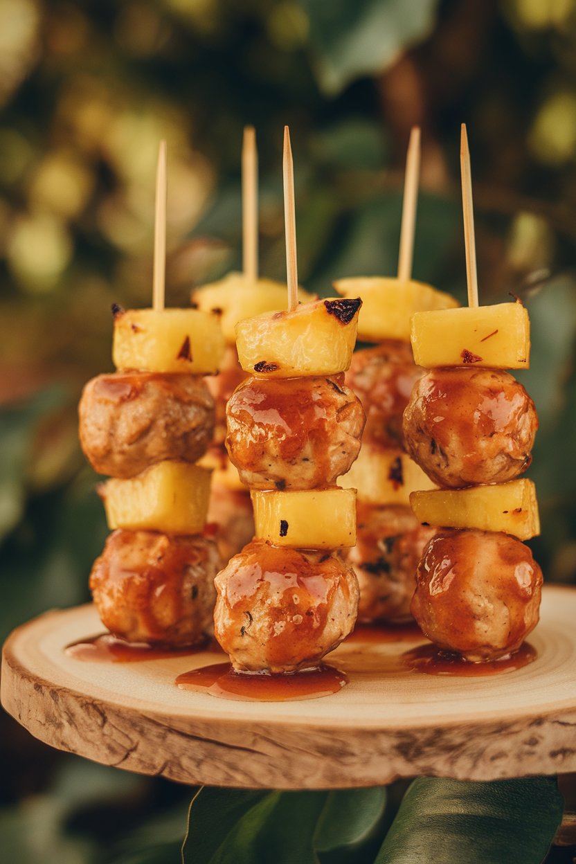 Glazed chicken meatballs with pineapple chunks on skewers, photographed indoors. No text or logos. Photo.