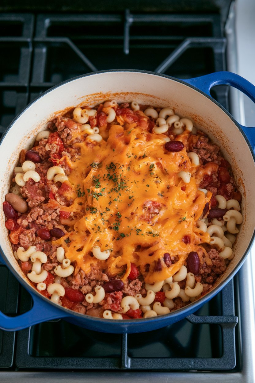 Indoor stovetop Dutch oven with turkey chili mac: elbow pasta, ground turkey, beans, tomatoes, and melted cheddar on top. Photo, no text or logos present.