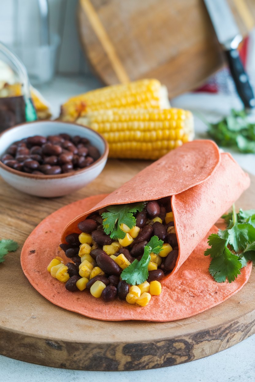 Indoor scene with a wrap brimming with chipotle-spiced black beans, roasted corn, and cilantro in a tomato tortilla. No branding anywhere.