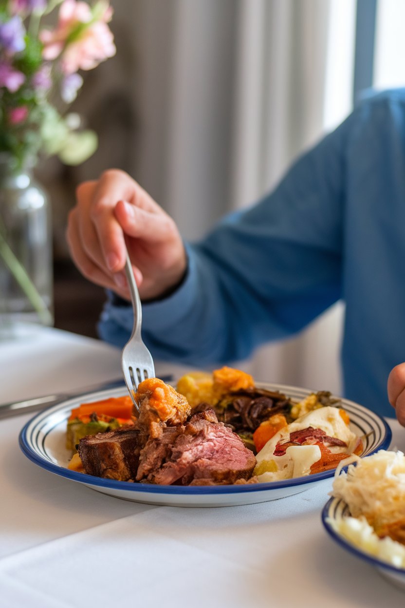 A close indoor shot of a person setting down a fork between bites over a plate of food, no text or logos, photo only