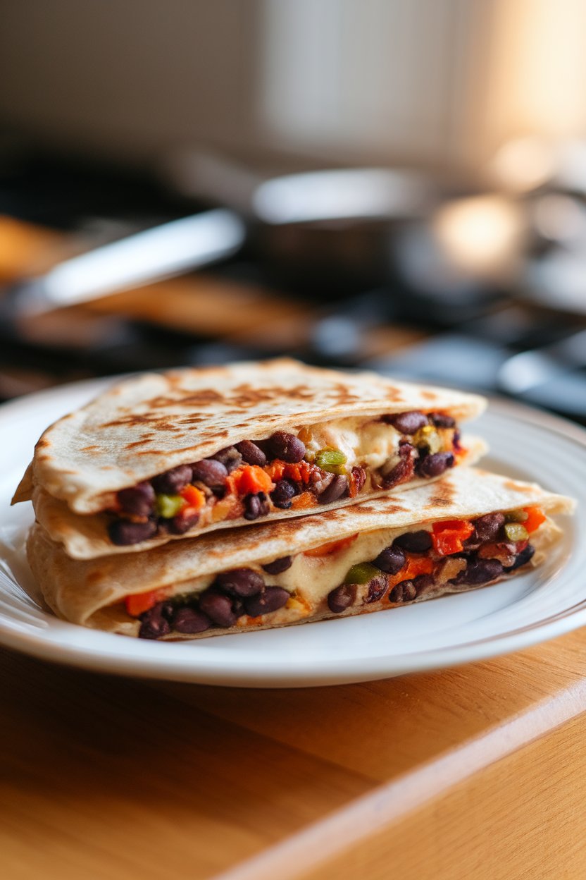 Indoor kitchen counter, a sliced whole-wheat quesadilla stuffed with black beans, bell peppers, and melted Monterey Jack on a white plate; warm window light, photo, no text or logos.