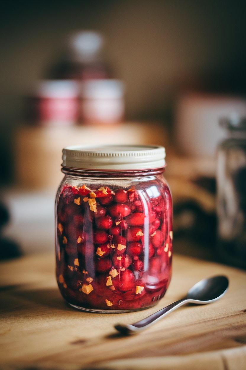 A glass jar indoors containing vibrant cranberry chutney flecked with ginger pieces, lid off and spoon nearby. No logos or text present.