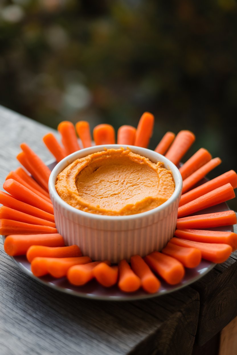 Indoor photo of a ramekin of hummus surrounded by vibrant carrot sticks on a small plate; soft, diffuse light, no text or logos