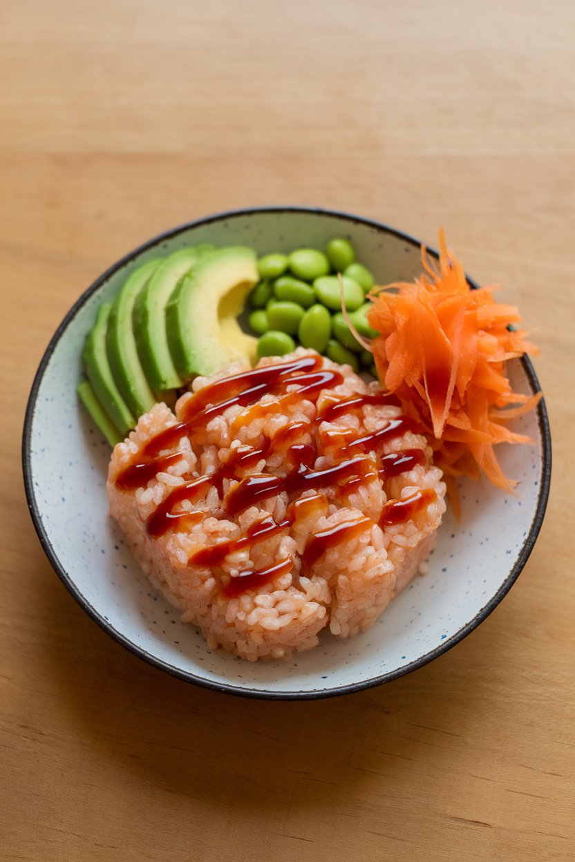 Indoor setting with a bowl of short-grain rice, sliced avocado, edamame, julienned carrots, pickled ginger, and a drizzle of soy. No text or logos.
