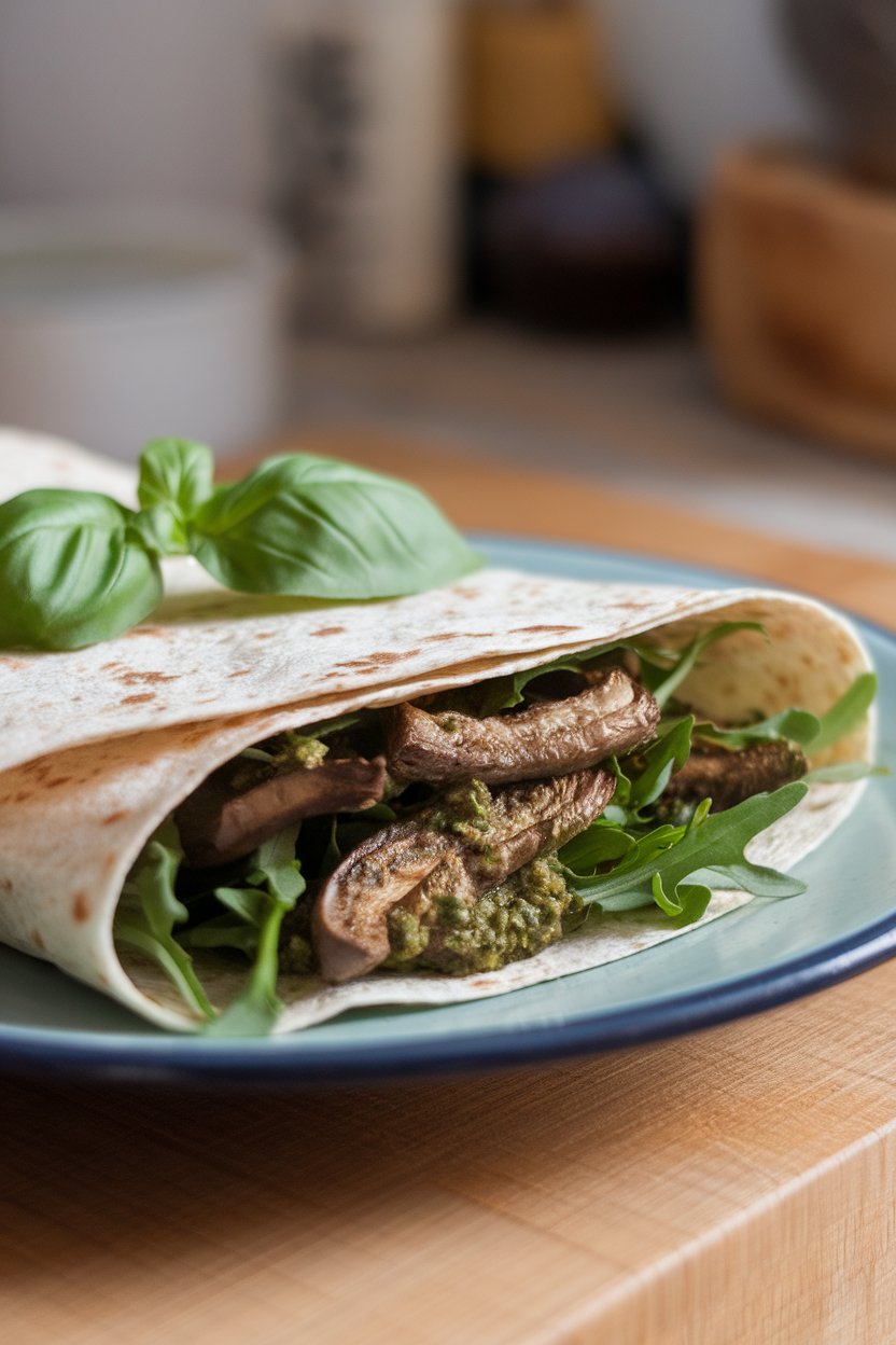 Indoor plate of a wrap filled with roasted portobello strips, arugula, and basil pesto on whole-grain lavash. No text or logos.