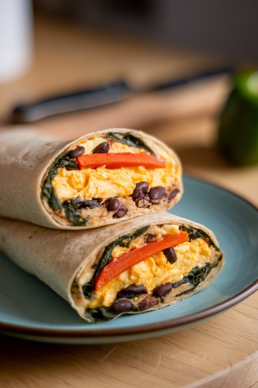 A cut-open whole-wheat burrito on an indoor plate showing scrambled eggs, bell pepper strips, black beans, and spinach. No text or logos. Photo, not illustration.