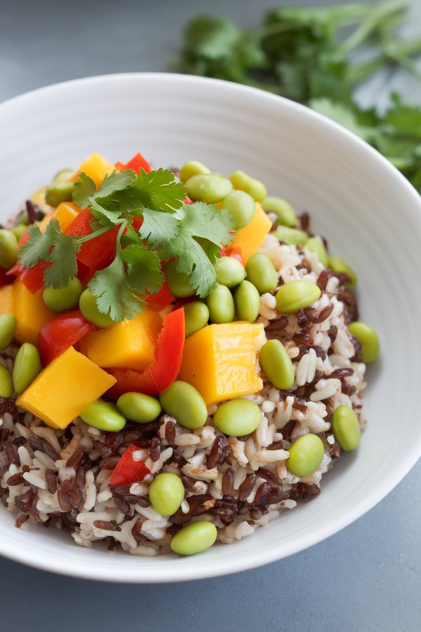 Bright indoor photo of wild rice topped with shelled edamame, diced ripe mango, red bell pepper, and cilantro. No text or logos.
