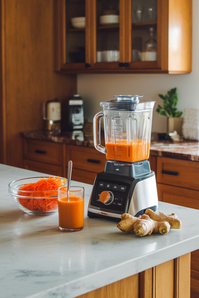 Indoor kitchen island with a blender glass of bright orange carrot ginger dressing, grated carrot and ginger root nearby. Photo, not illustration. No text or logos.
