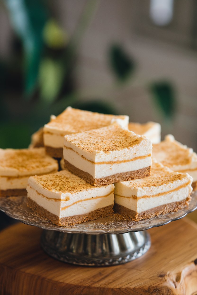 Indoor platter of square cheesecake bars dusted with nutmeg, creamy layers visible. No text or logos. Photo only.