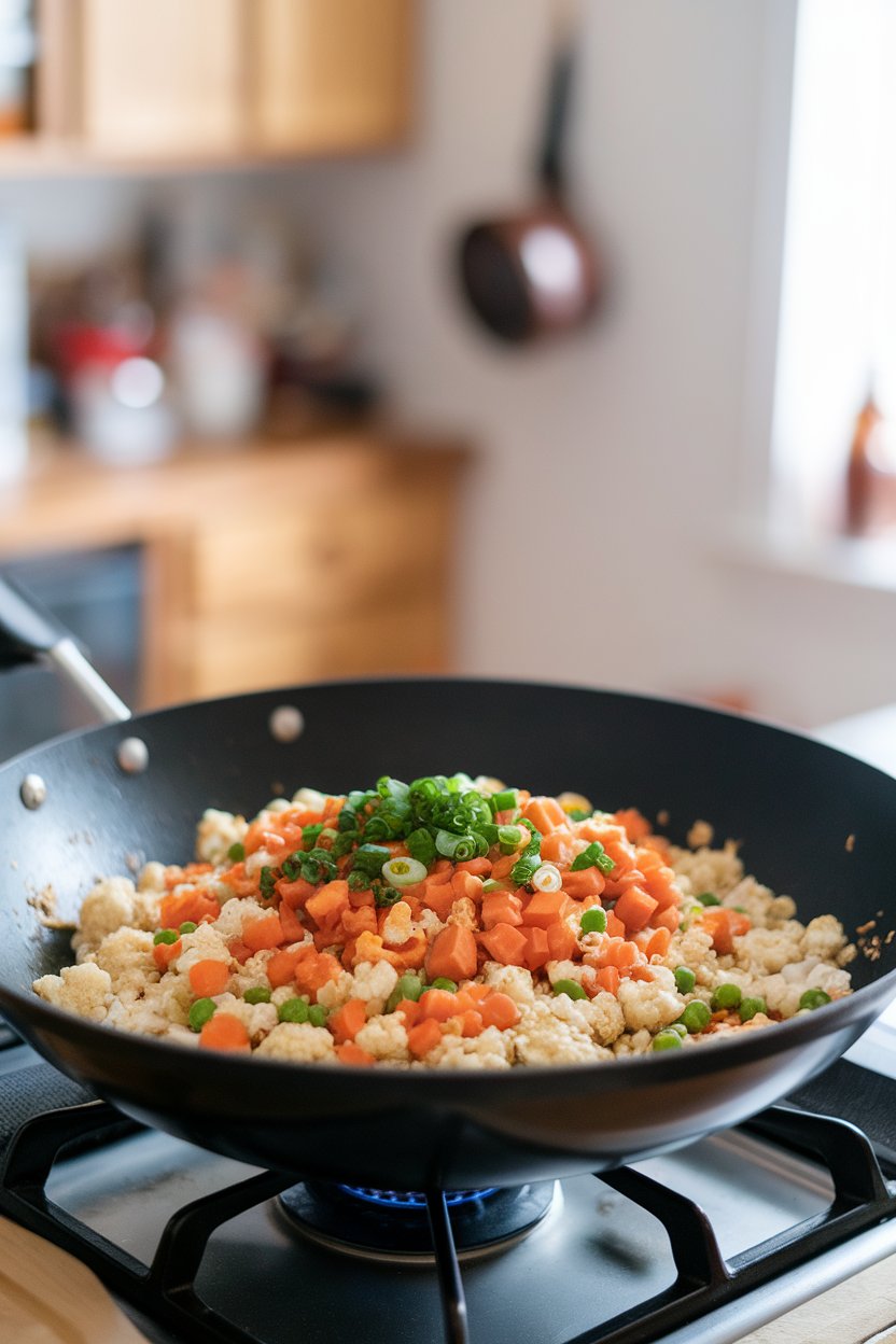 A wok on an indoor stovetop filled with cauliflower rice, diced carrots, peas, scrambled egg bits, and soy sauce glaze; no text or logos; photo.