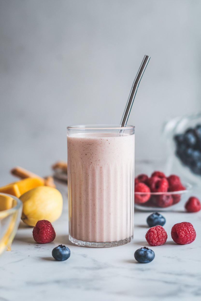 Indoor breakfast bar with a tall glass of pale pink kefir smoothie, berries scattered nearby, reusable straw in glass. No text or logos.</p