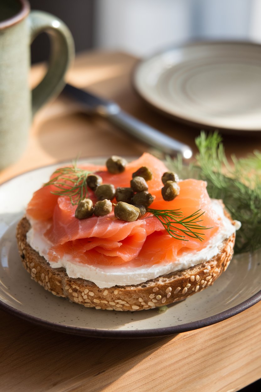 An indoor café-style plate holding half a whole-grain bagel spread with light cream cheese, topped with smoked salmon, capers, and dill; soft morning light, no text or logos; photo